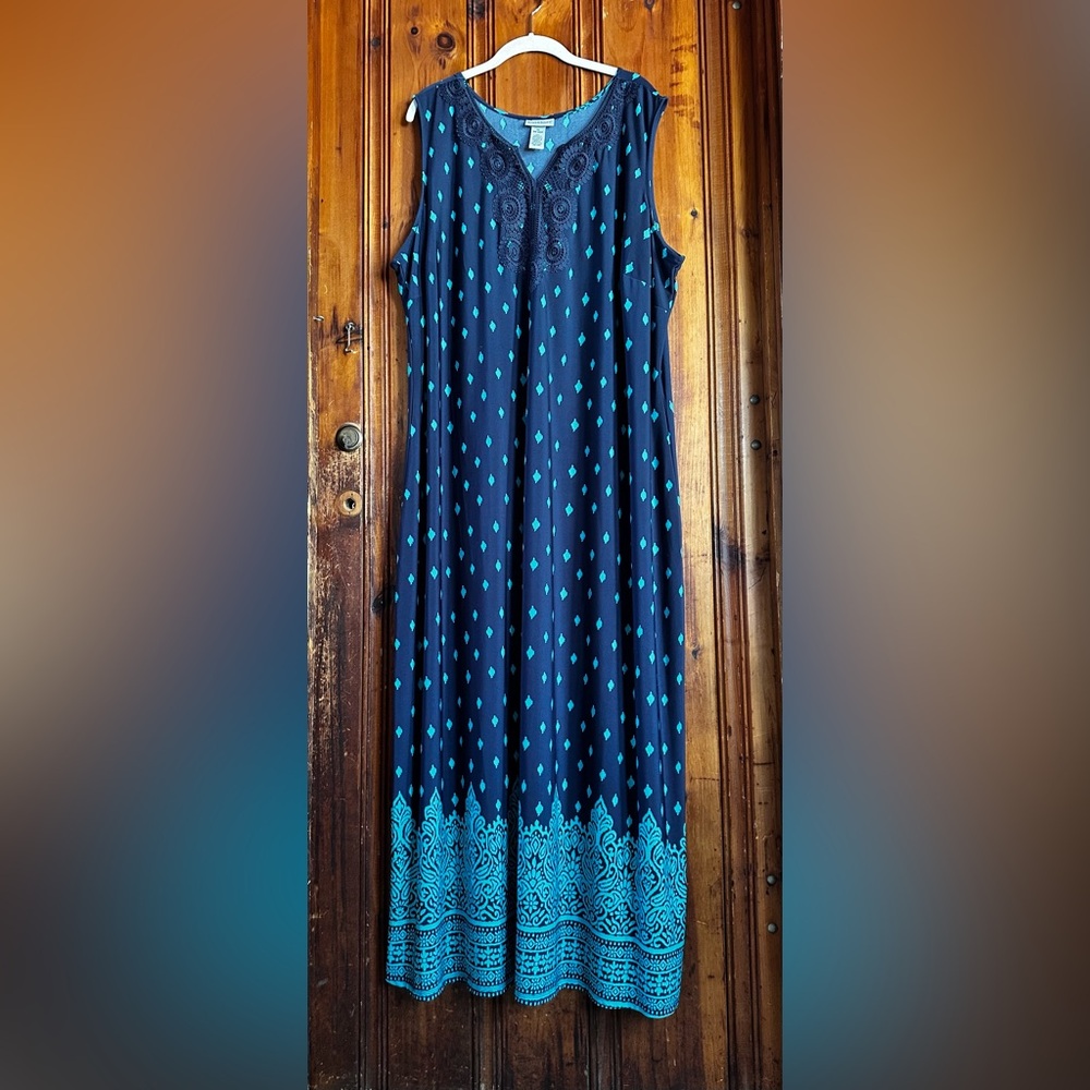 Catherines 3X Navy Turquoise Maxi Dress Crochet V-Neck Plus Size 26/28W Boho